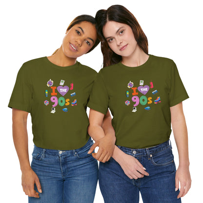 I  Love the 90's Short Sleeve Tee - Retro Graphic Tee, Vintage Style Shirt, Perfect for Casual Outings, 90s Nostalgia Apparel
