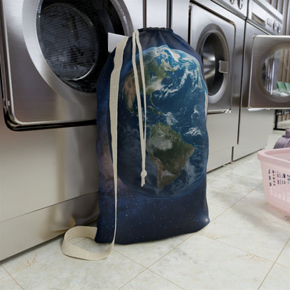 Earth globe laundry bag with planet space print, drawstring canvas pouch for laundry storage and organization.