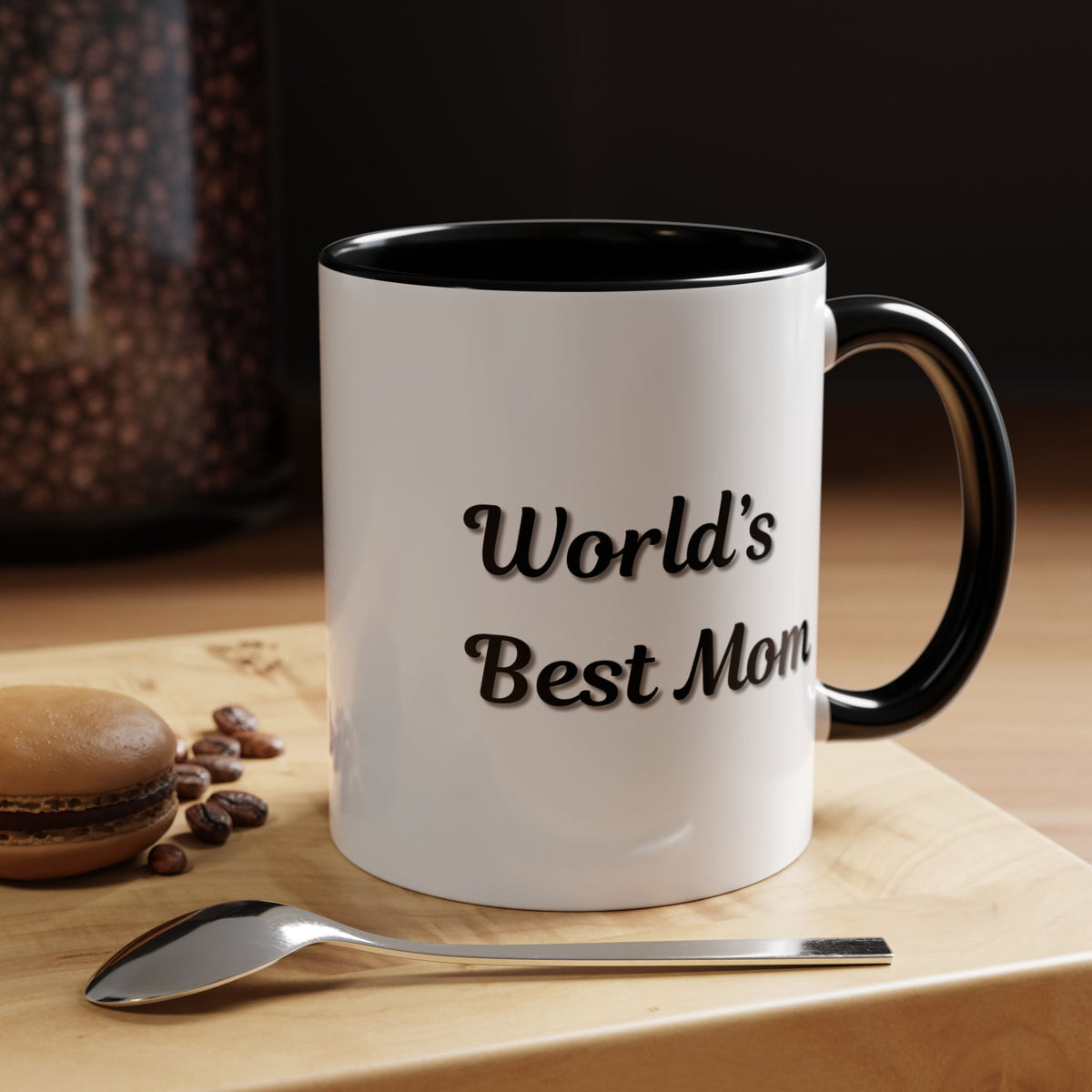 Black ceramic mug with "World's Best Mom" accent text, ideal for Mother's Day gift, by Printify.