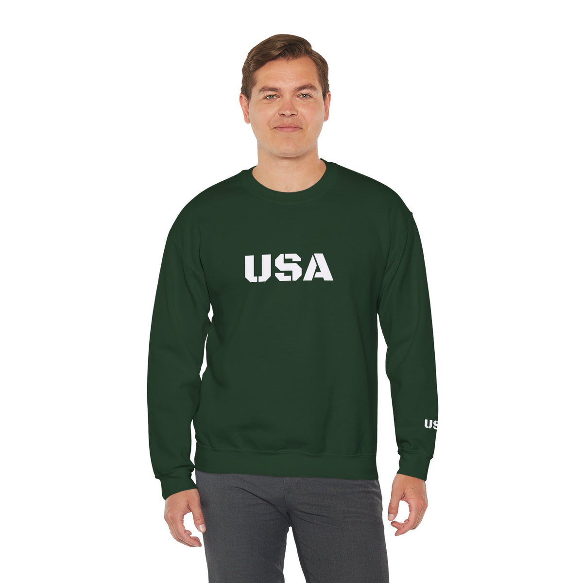 USA Printify crewneck sweatshirt with patriotic design, cozy fit, perfect for all seasons, featuring stars and stripes print.