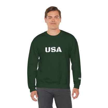USA Printify crewneck sweatshirt with patriotic design, cozy fit, perfect for all seasons, featuring stars and stripes print.