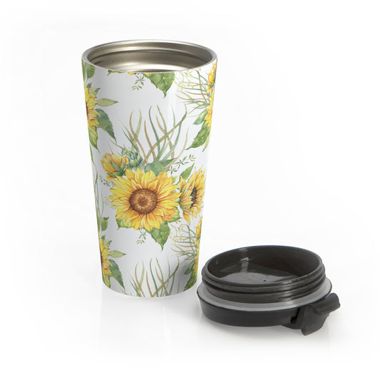 Watercolor sunflower 15oz insulated stainless steel travel mug