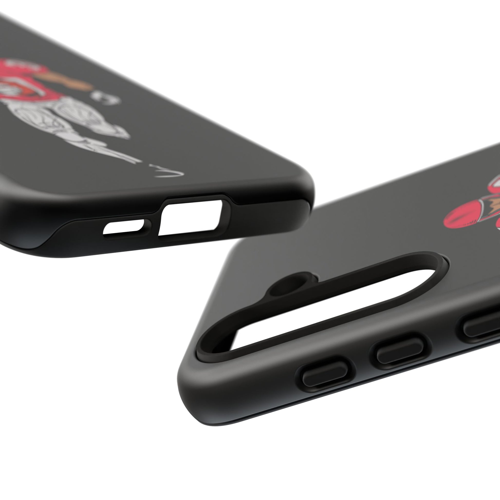 Black football player tough phone case for iPhone, protective sports design by Printify, featuring a dynamic football action scene.