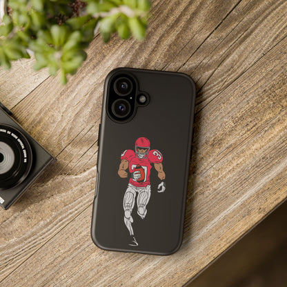 Black football player tough phone case for iPhone, protective sports accessory with printed sports design by Printify.