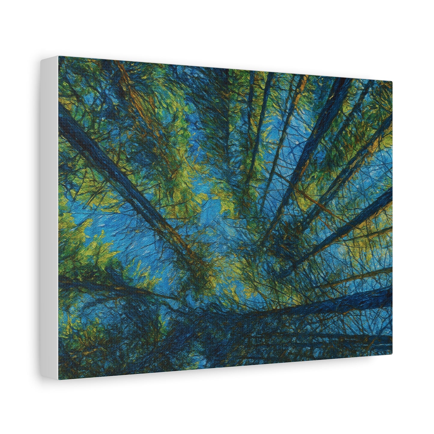 Forest Canopy Matte Canvas Wall Art — Upward View of Trees, Blue & Green Nature Print