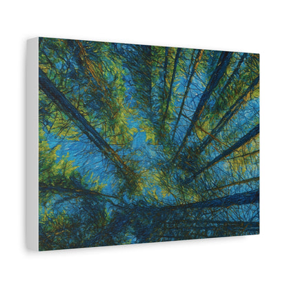 Forest Canopy Matte Canvas Wall Art — Upward View of Trees, Blue & Green Nature Print