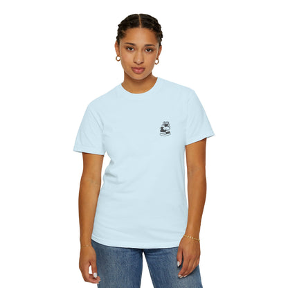 Cozy Cat on Books T-Shirt | Reading Tea Stack Illustration