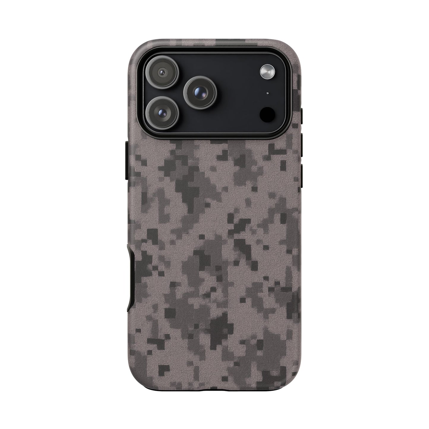 Gray digital camouflage phone case by Printify, tough protective cover for smartphones with camo pattern design.