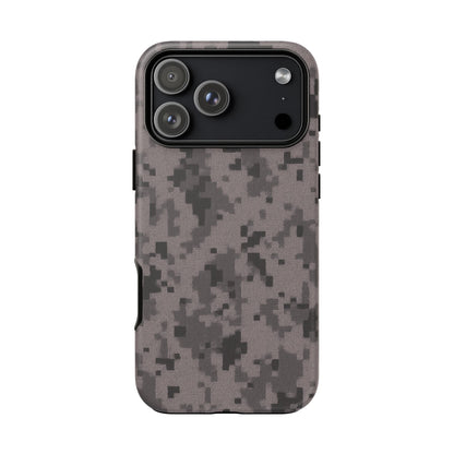 Gray digital camouflage phone case by Printify, tough protective cover for smartphones with camo pattern design.
