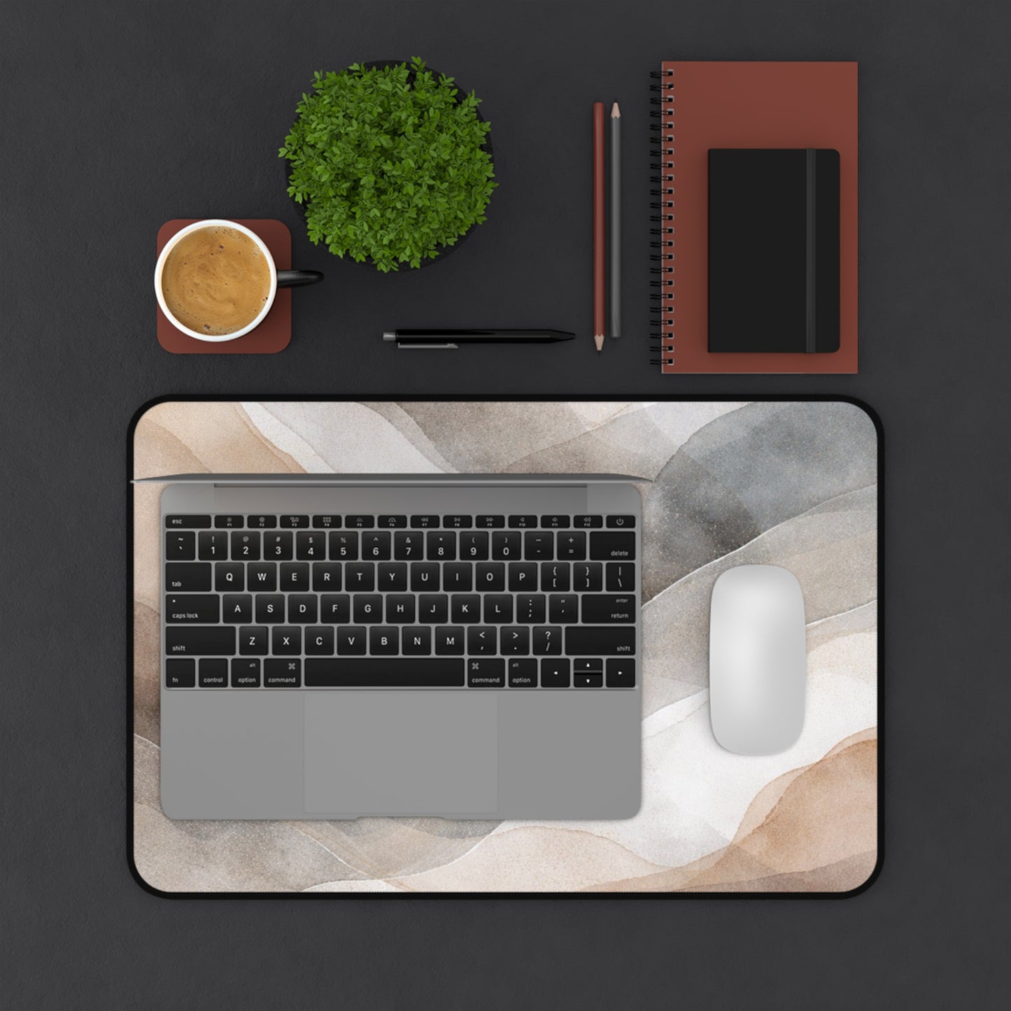 Neutral Watercolor Waves Desk Mat | Abstract Beige Gray Mouse Pad