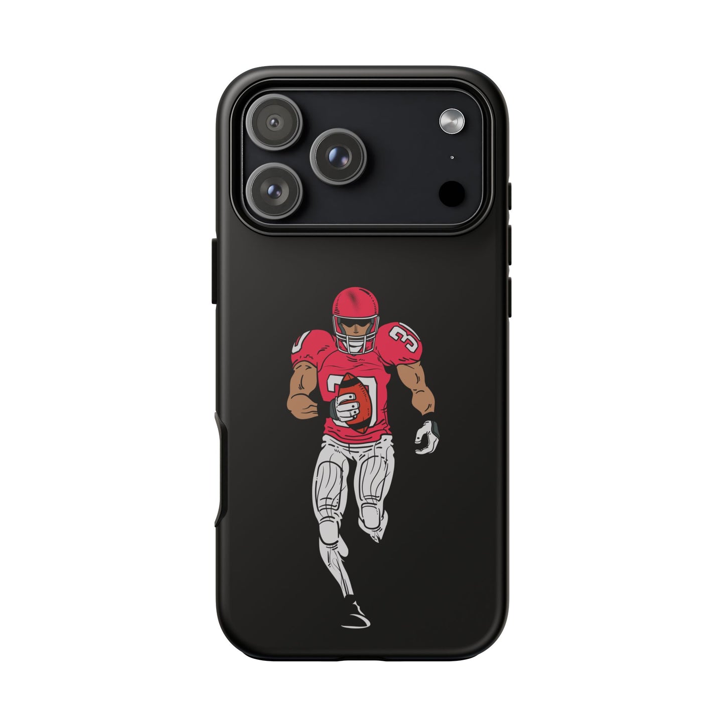 Black football player tough phone case for iPhone, protective sports-themed case by Printify, featuring athletic player design.