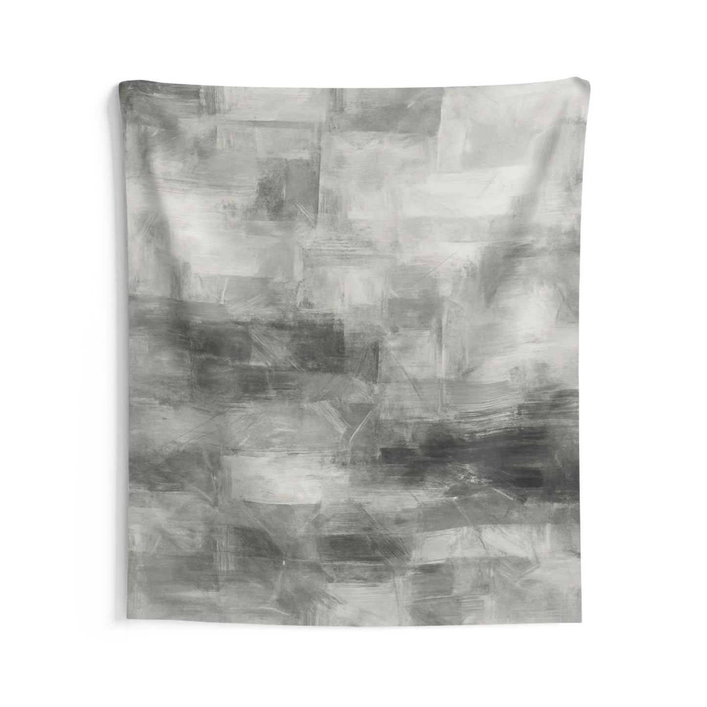 Black and white minimalist wall tapestry hanging on bedroom or living room wall, by Printify, with simple geometric design.