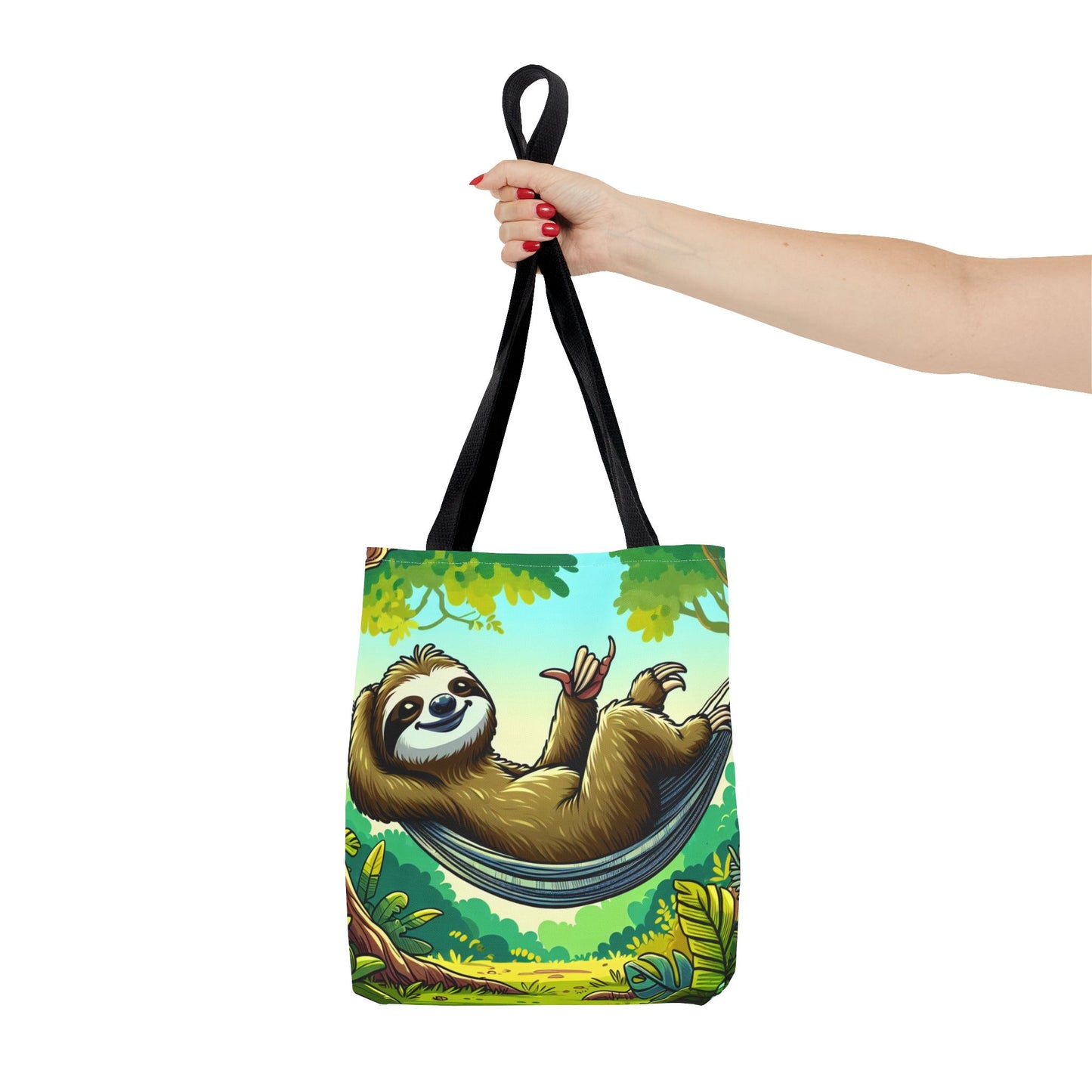 Eco-friendly sloth tote bag by Printify featuring a cute animal design, perfect for carrying essentials with style.