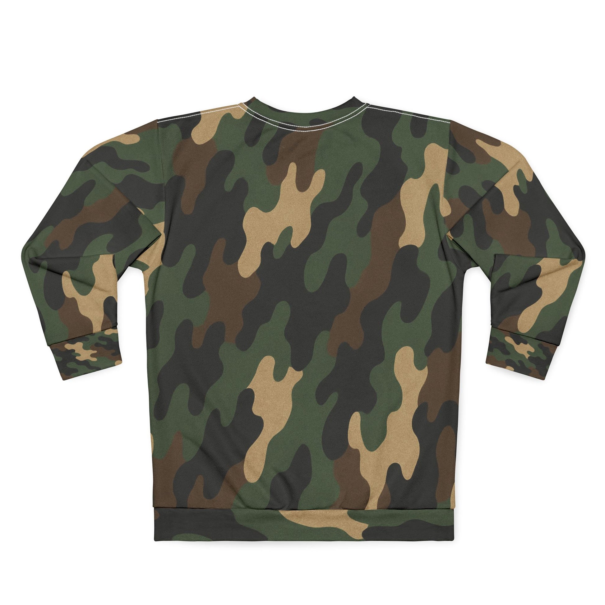 Camo all-over print sweatshirt from Printify featuring a camouflage pattern and comfortable long sleeves.