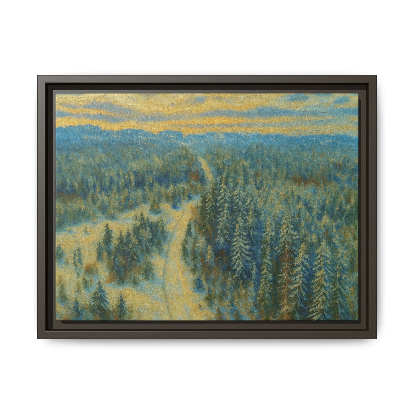 Framed matte canvas print of a serene winter forest landscape by Printify, showcasing snow-covered trees and tranquil scenery.