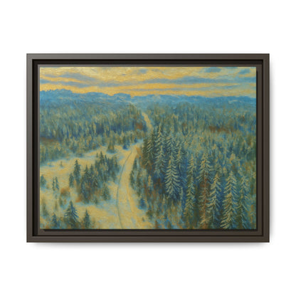 Framed matte canvas print of a serene winter forest landscape by Printify, showcasing snow-covered trees and tranquil scenery.