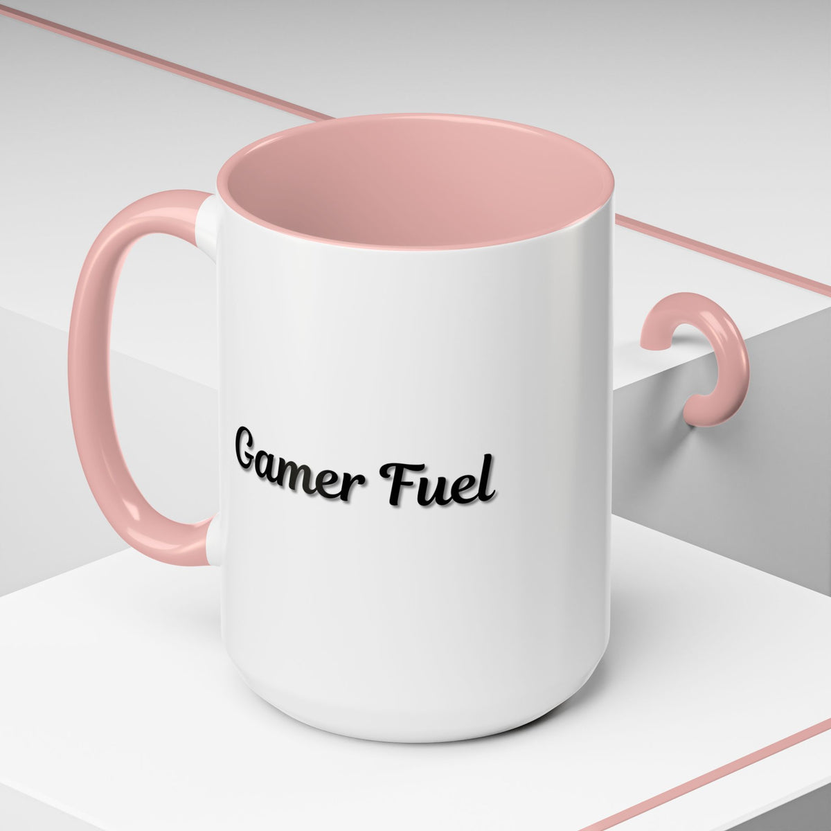 Printify Gamer Fuel coffee mug with accent design, 11oz or 15oz size, featuring a bold gaming-themed graphic on a ceramic mug.