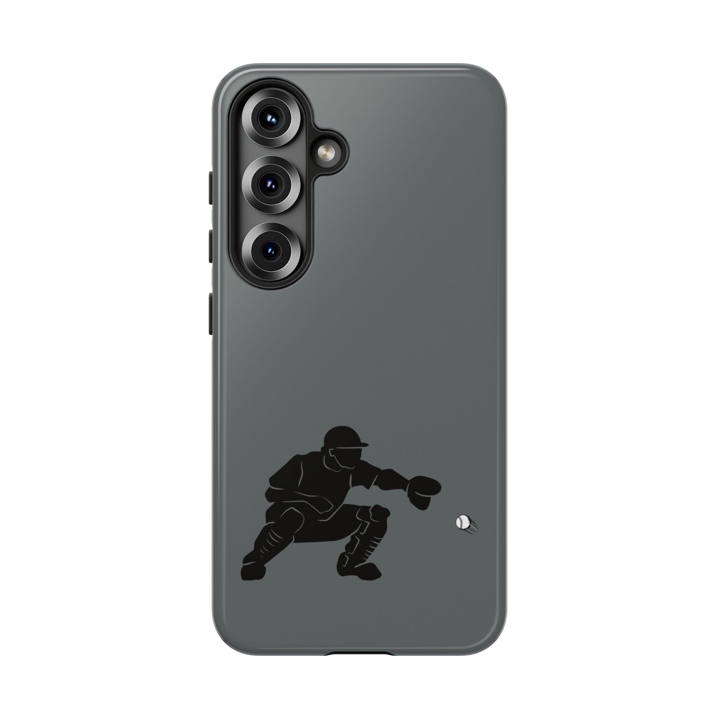 Printify baseball catcher phone case showing a durable, protective phone cover with a baseball catcher graphic on the back.
