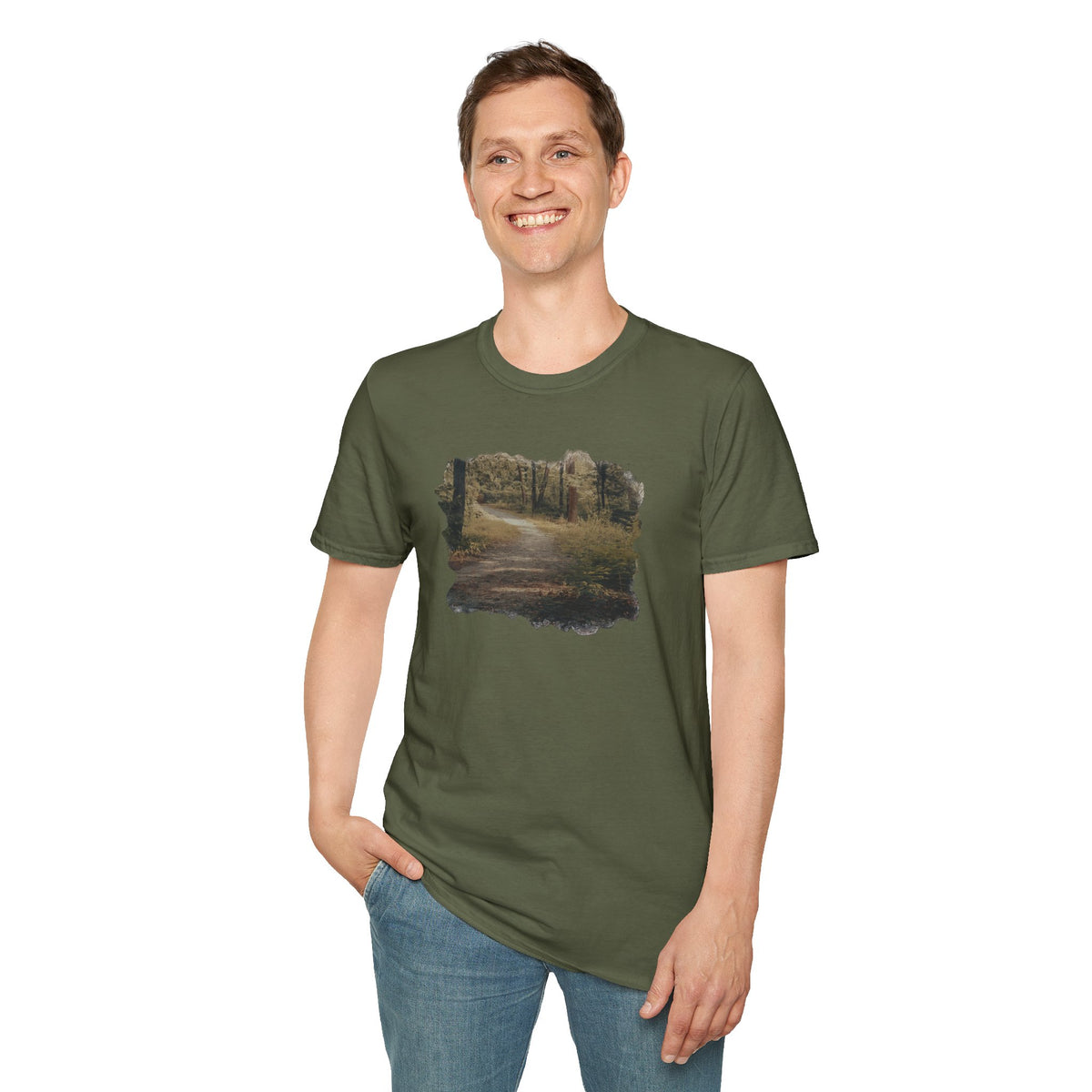 Nature Pathway T‑Shirt featuring a vintage forest landscape design, printed on a comfortable cotton T-shirt by Printify.