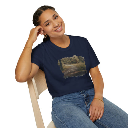 Vintage forest landscape T-shirt by Printify featuring a nature pathway design, perfect for outdoor and nature enthusiasts.