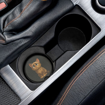 Sad Kitten Soapstone Car Coaster featuring a cute cat design, ideal for protecting car surfaces from drink spills.