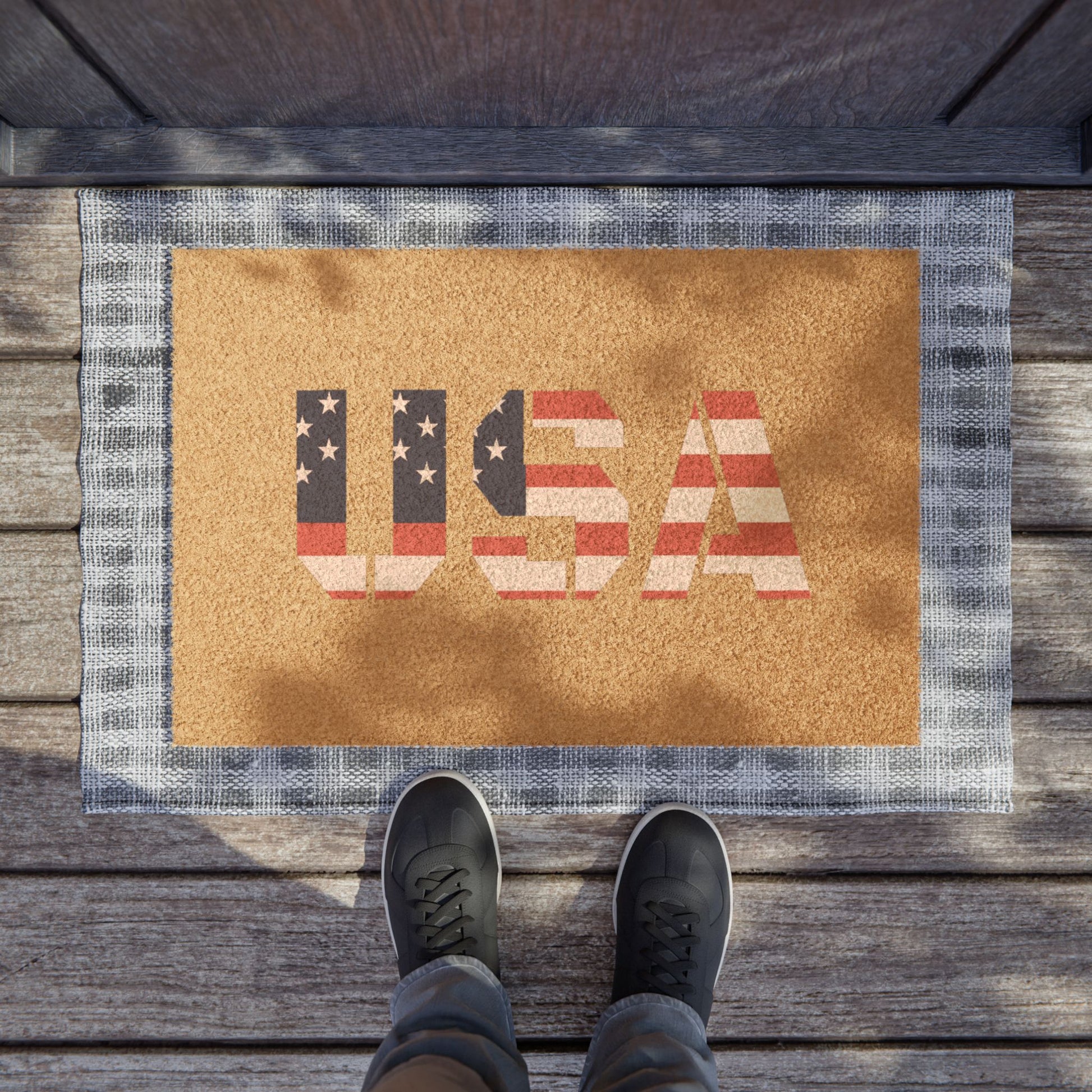 USA flag doormat with patriotic stars and stripes, ideal for welcoming guests and celebrating Independence Day.