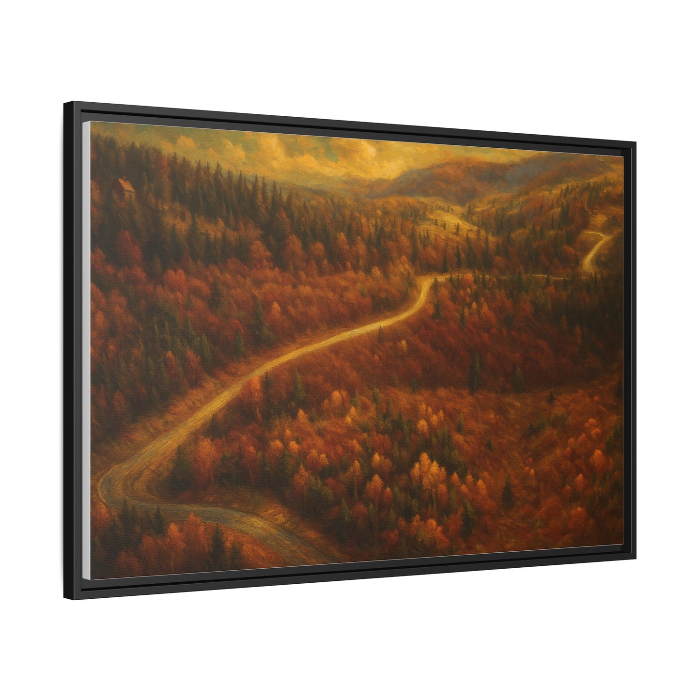 Framed matte canvas print of autumn forest road landscape wall art by Printify, featuring vibrant fall colors and natural scenery.