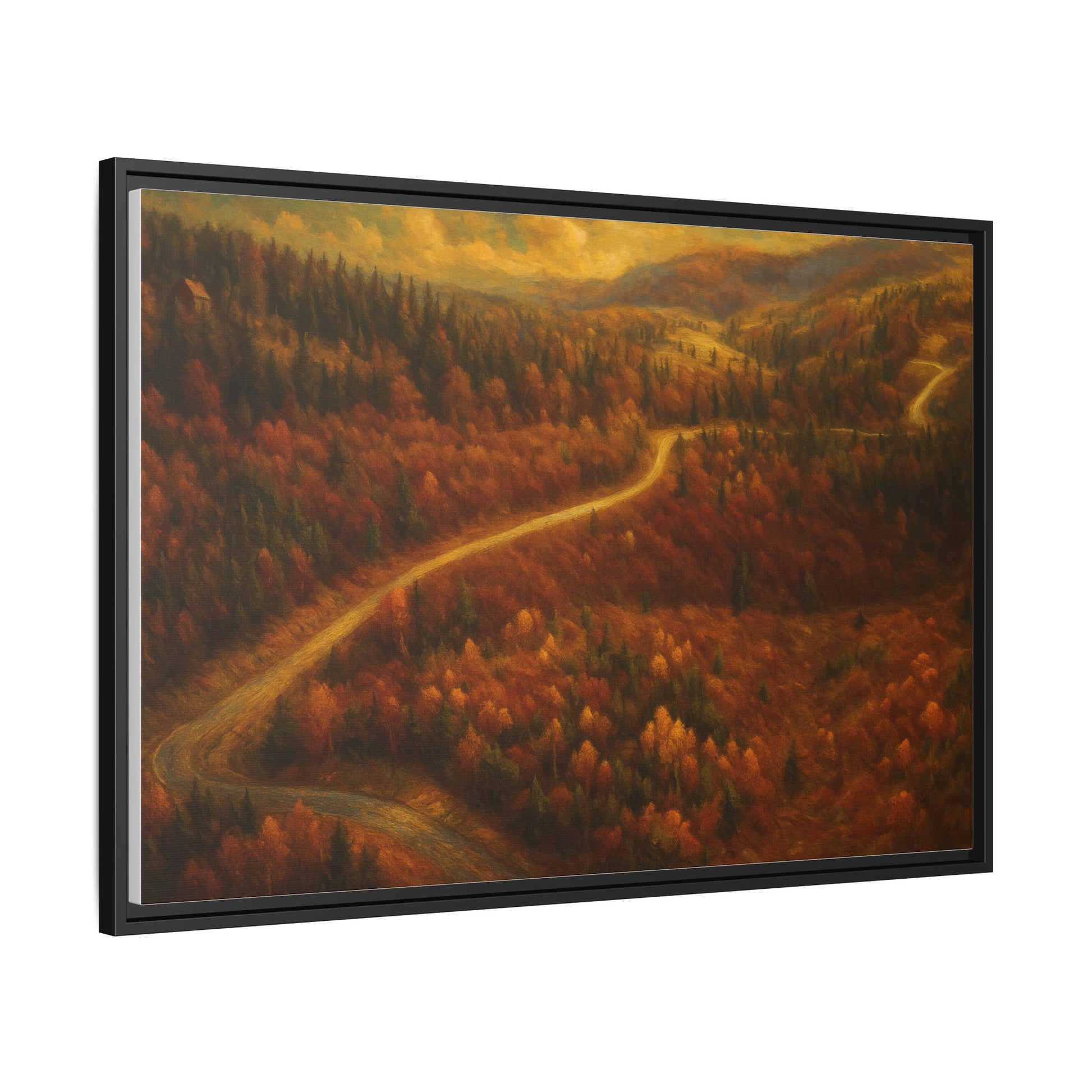 Framed matte canvas print of autumn forest road landscape wall art by Printify, featuring vibrant fall colors and natural scenery.