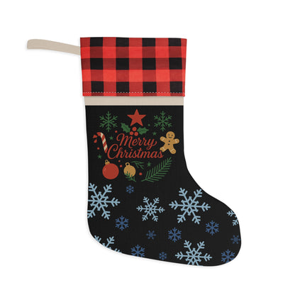 Buffalo plaid Christmas stocking with "Merry Christmas" ornament and snowflake decorations, featuring a cozy festive design.