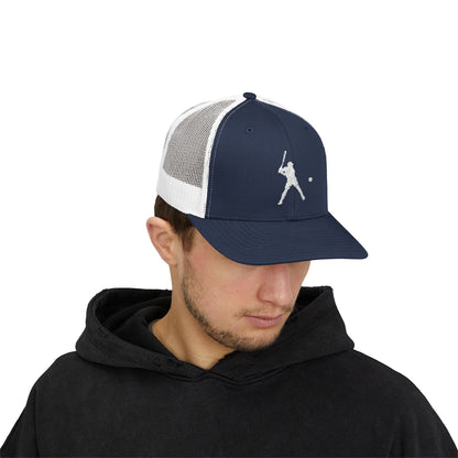 Vintage batter silhouette baseball snapback trucker cap by Printify, featuring a classic design and adjustable mesh back.