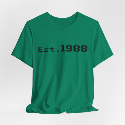 Black retro logo t-shirt by Printify featuring "Est. 1988" design on front, casual cotton tee for vintage style.