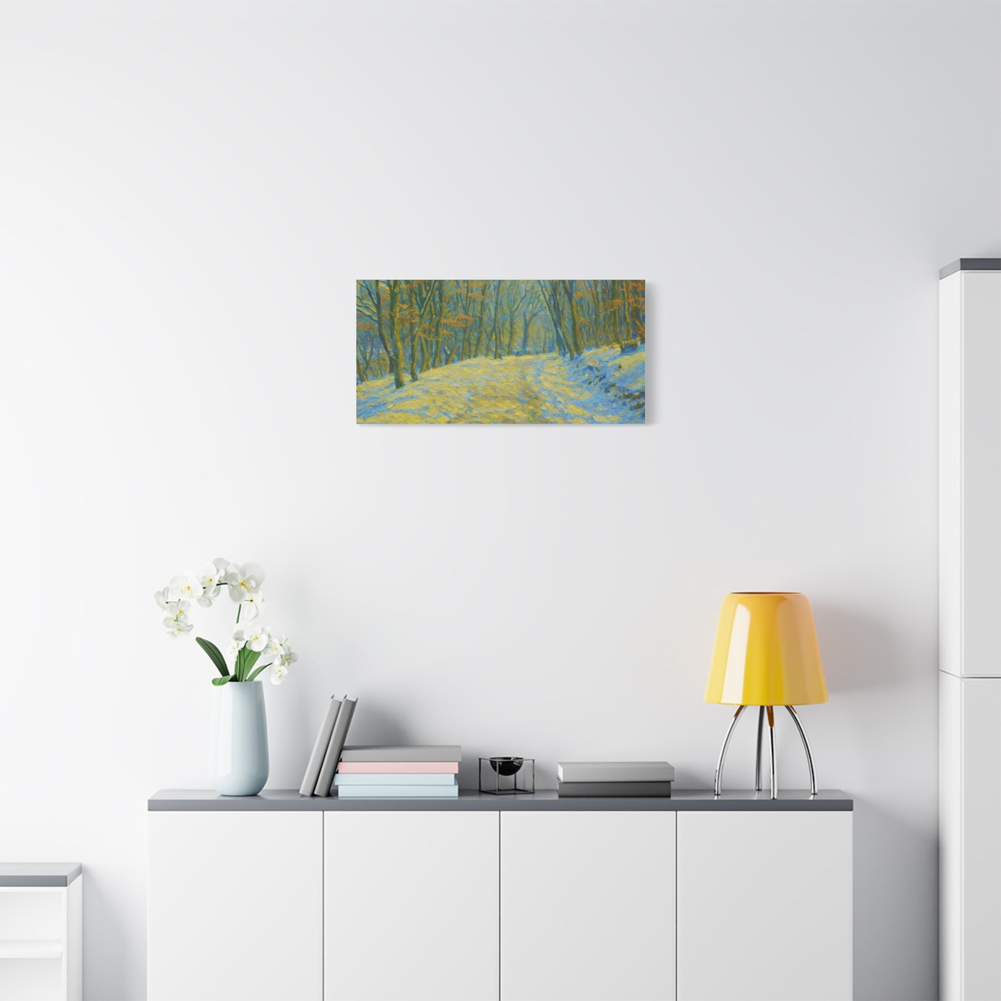 Winter landscape canvas wall art by Printify, cozy nature print featuring a scenic outdoor scene for living room decor.