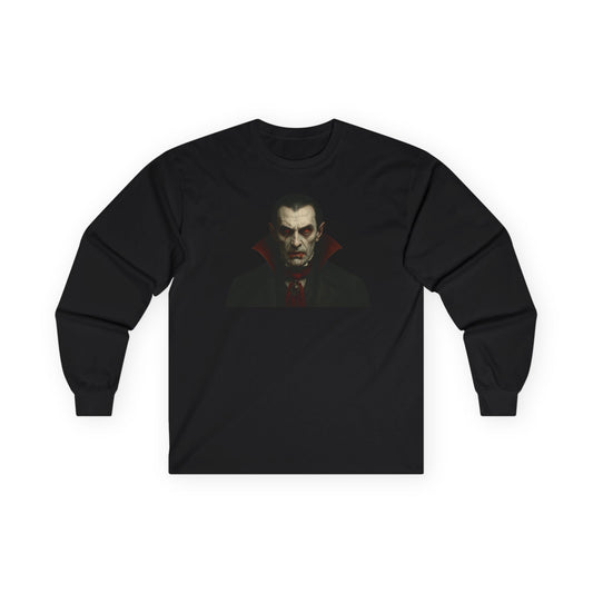 Gothic vampire portrait long sleeve T-shirt with Dracula graphic, black Printify gothic Dracula shirt for men or women.