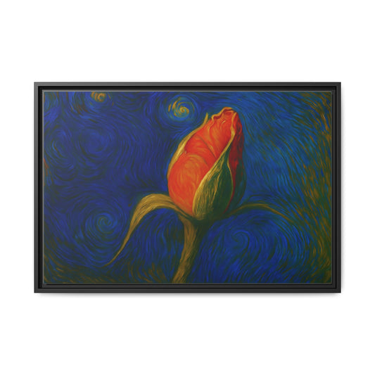 Red rose bud painting on canvas framed wall art by Printify, featuring a vibrant floral design for home decor.