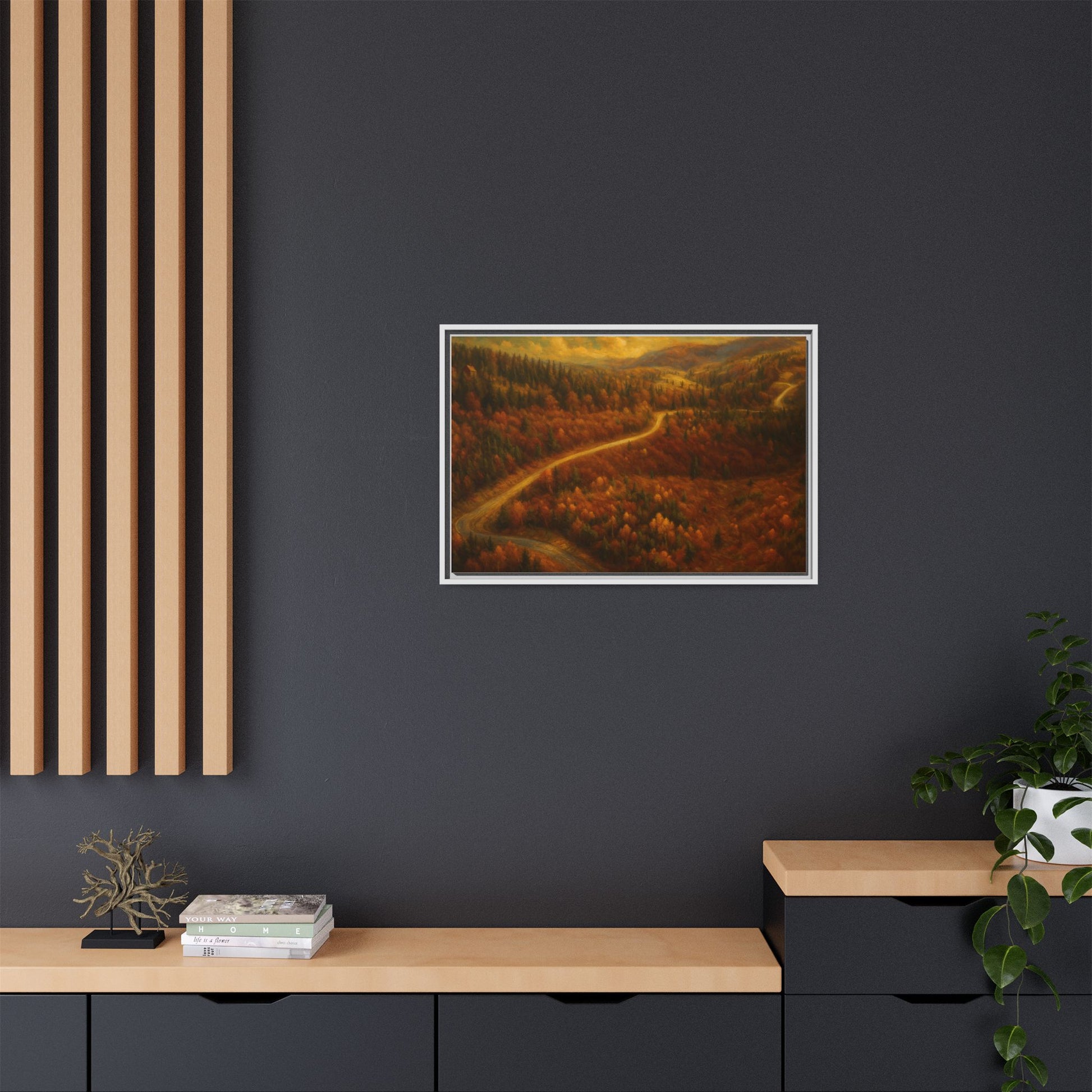 Framed matte canvas print of autumn forest road landscape wall art by Printify, featuring vibrant fall trees and a scenic pathway.