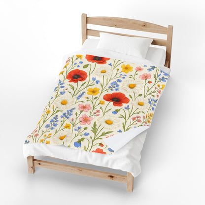 Velveteen plush blanket with wildflower meadow and poppy daisy floral all-over print by Printify, soft and colorful throw blanket.