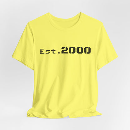 Retro pixel design T-shirt with "Born in 2000" text, printed on a Printify Est. 2000 T-shirt, casual and vintage style.
