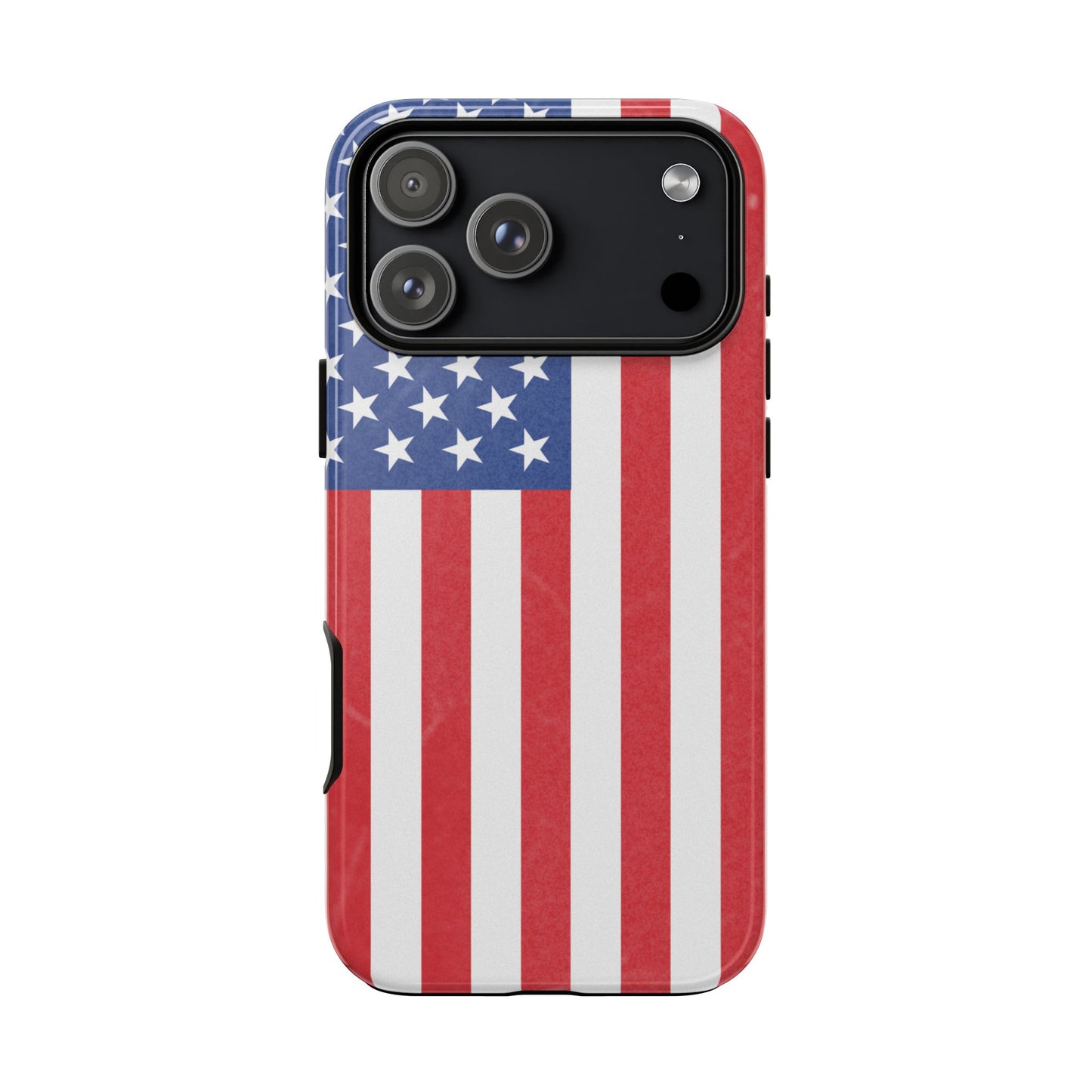 American flag tough phone case for iPhone and Samsung, patriotic protective cover with bold flag design by Printify.