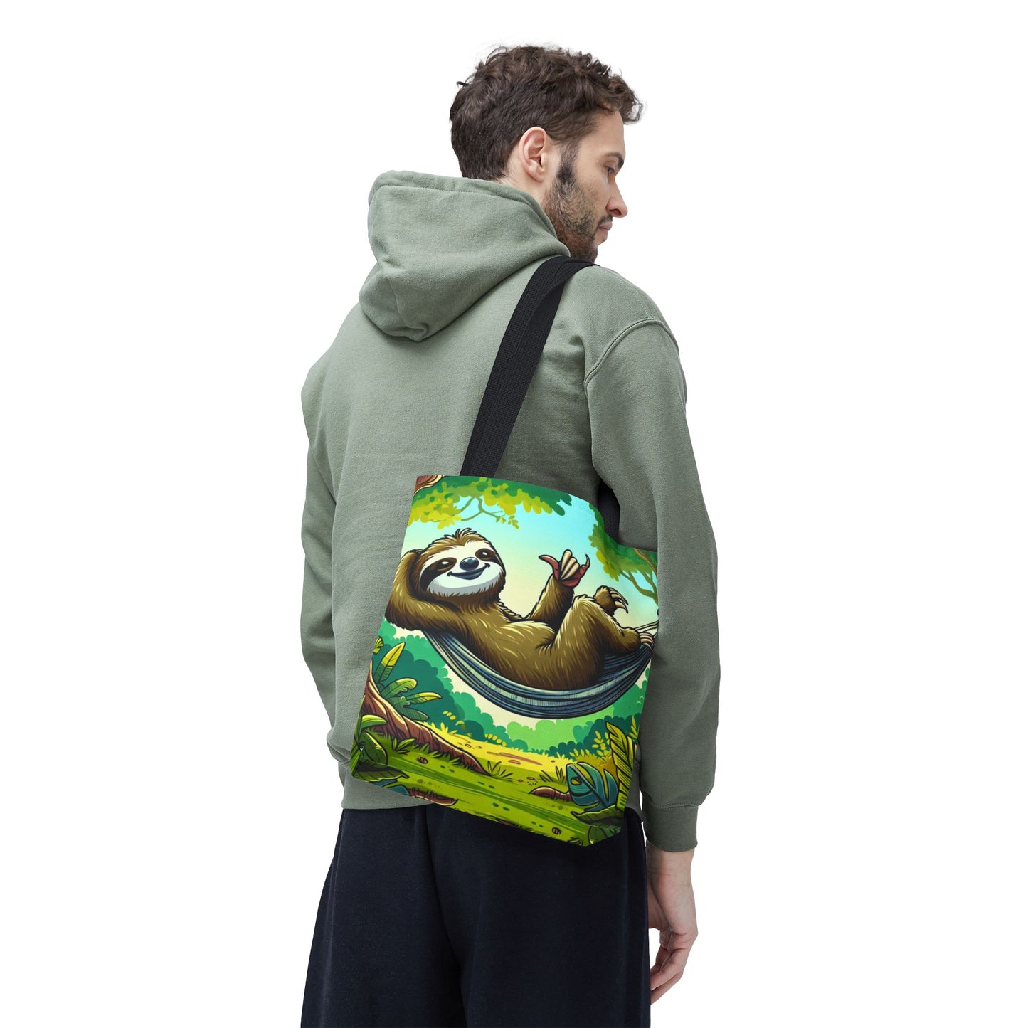 Cute eco-friendly sloth tote bag by Printify featuring a charming sloth design, perfect for animal lovers and everyday use.
