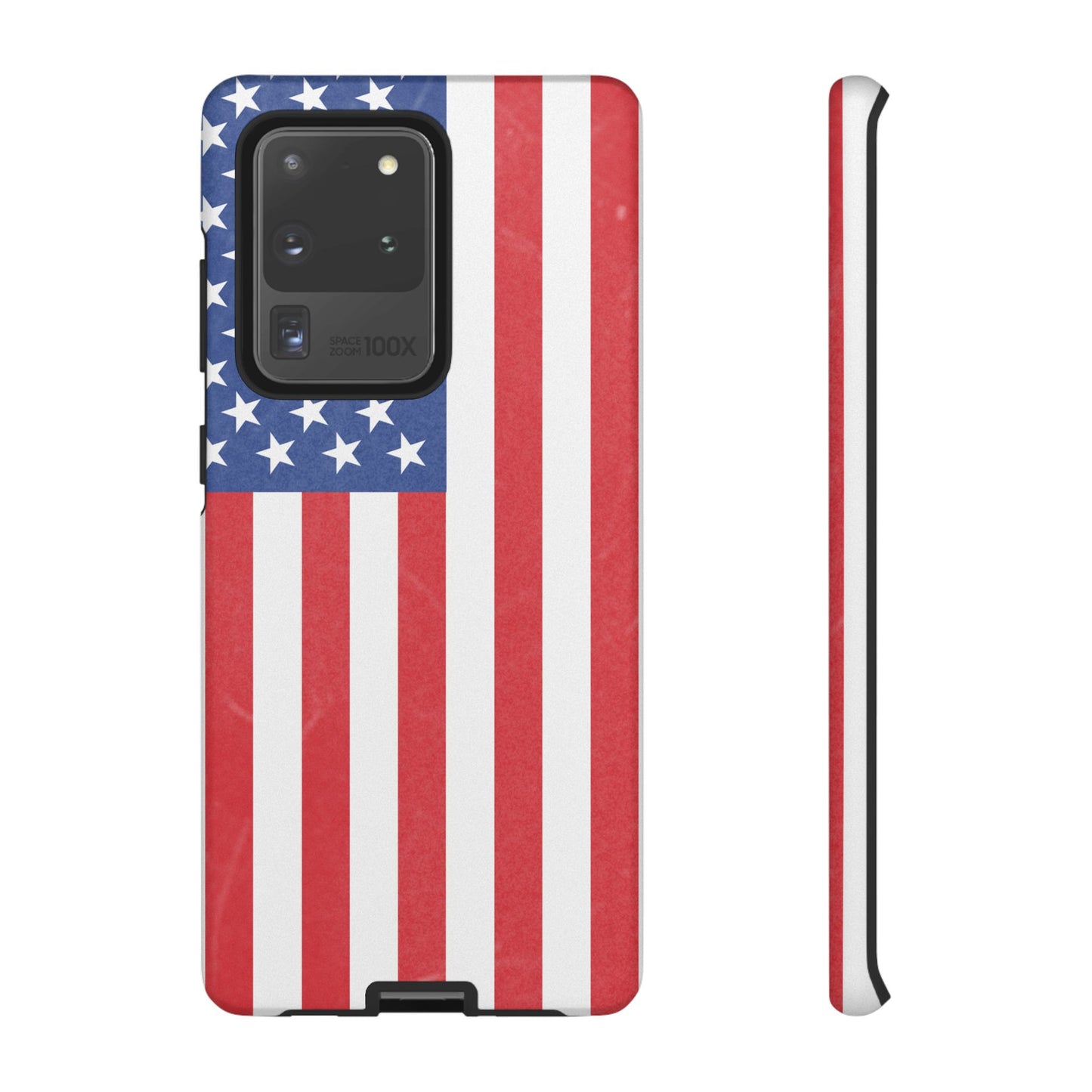 American flag tough phone case for iPhone and Samsung, patriotic protective cover with bold flag design by Printify.