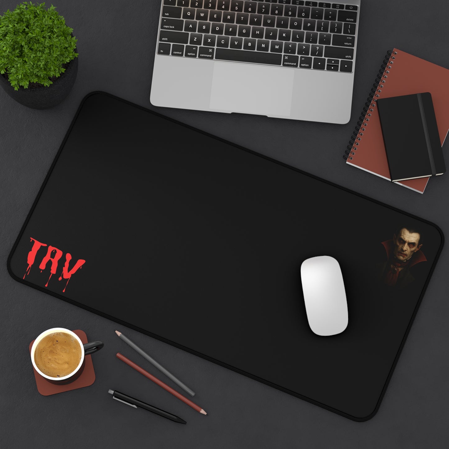 Vampire portrait desk mat featuring blood drip design, ideal for gaming or office use, with vivid dark red and black colors.