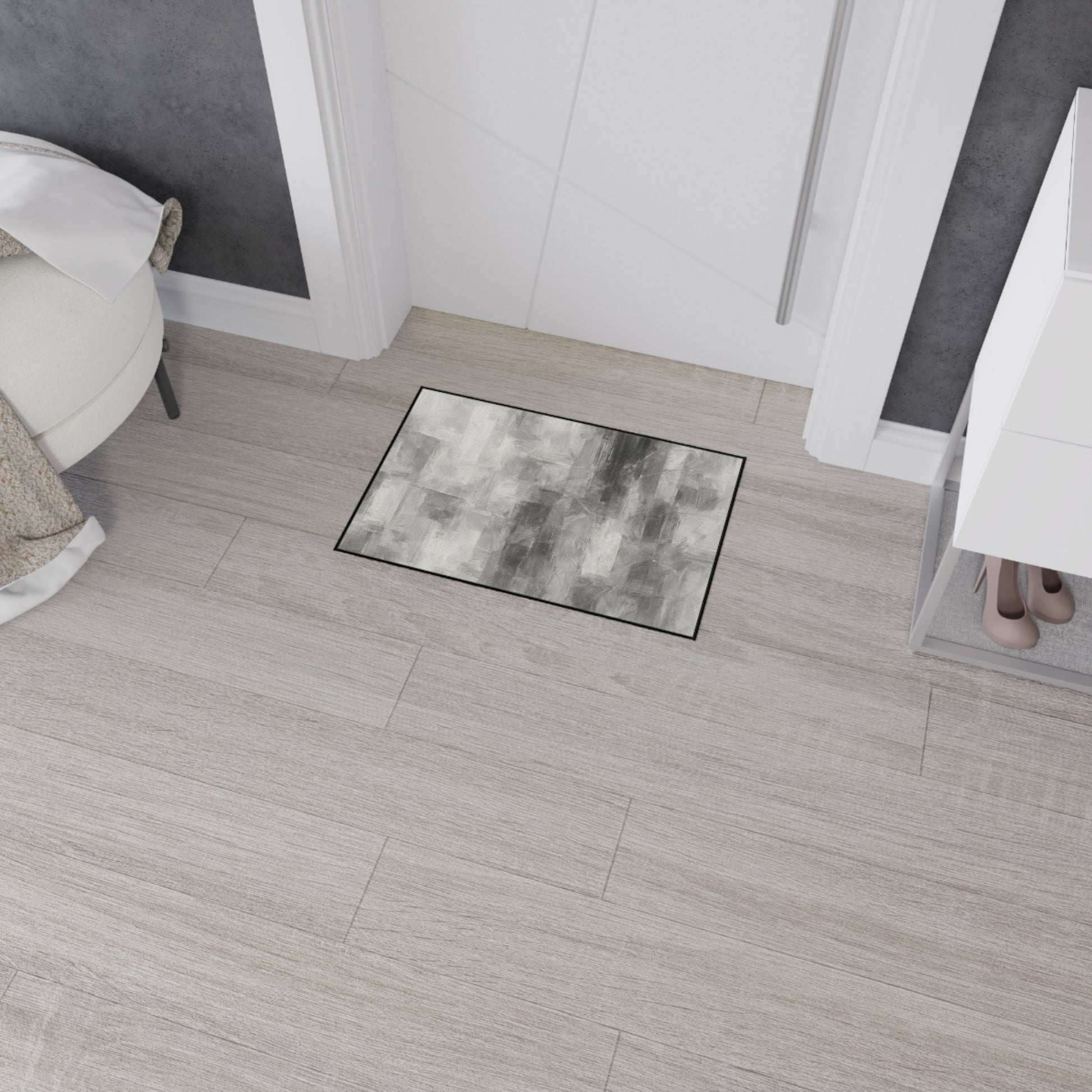 Modern abstract floor mat by Printify, heavy-duty rug for kitchen or entryway with colorful, contemporary design.