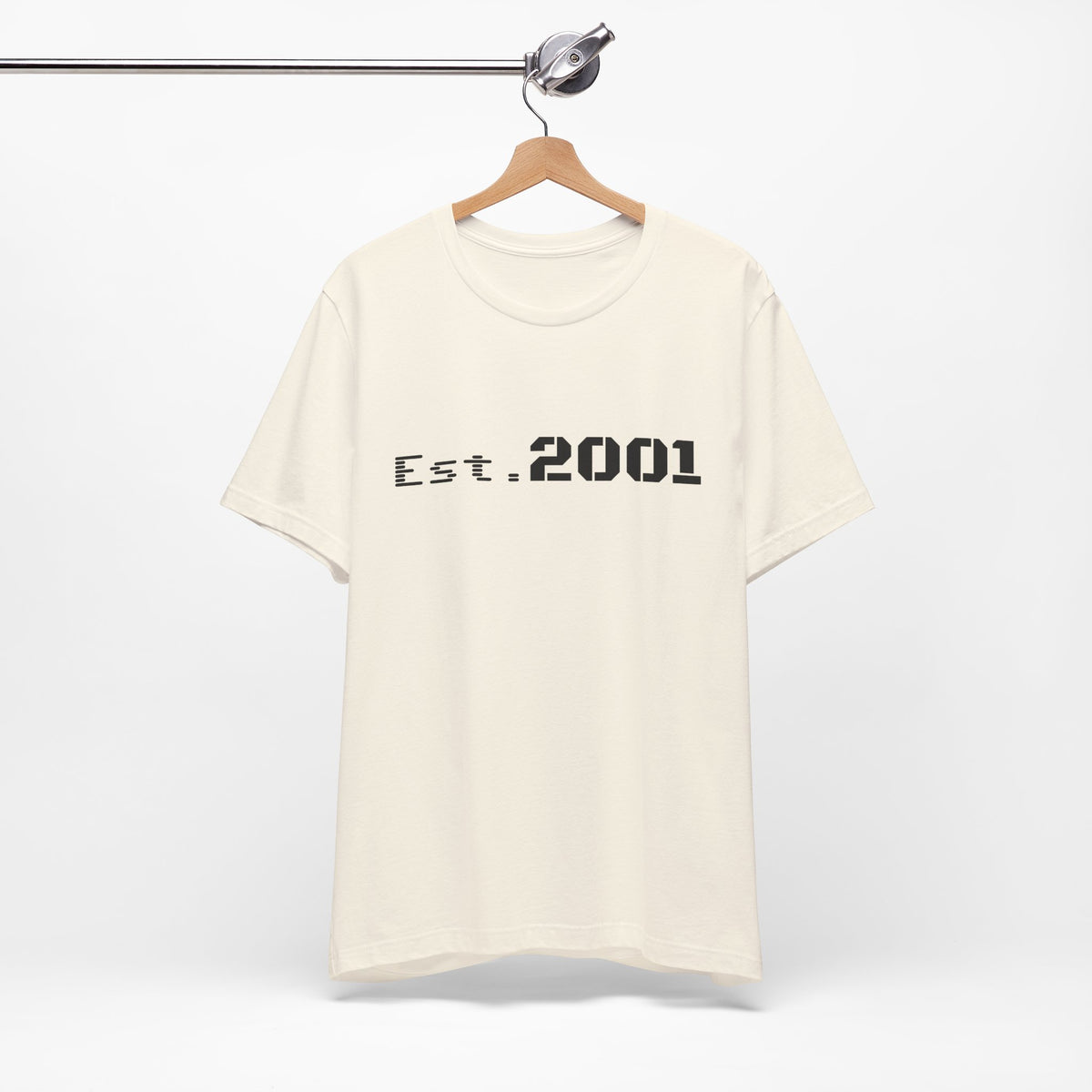 Retro minimalistic Est. 2001 graphic T-shirt by Printify featuring a simple birthyear design on a classic cotton T-shirt.