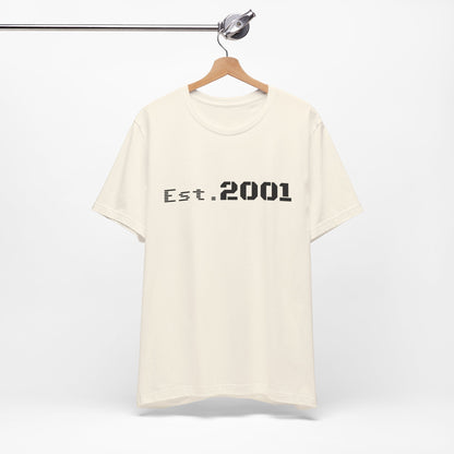 Retro minimalistic Est. 2001 graphic T-shirt by Printify featuring a simple birthyear design on a classic cotton T-shirt.