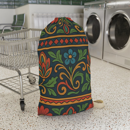 Boho floral print laundry bag with drawstring closure, featuring folk floral pattern in vibrant colors, ideal for laundry organization.