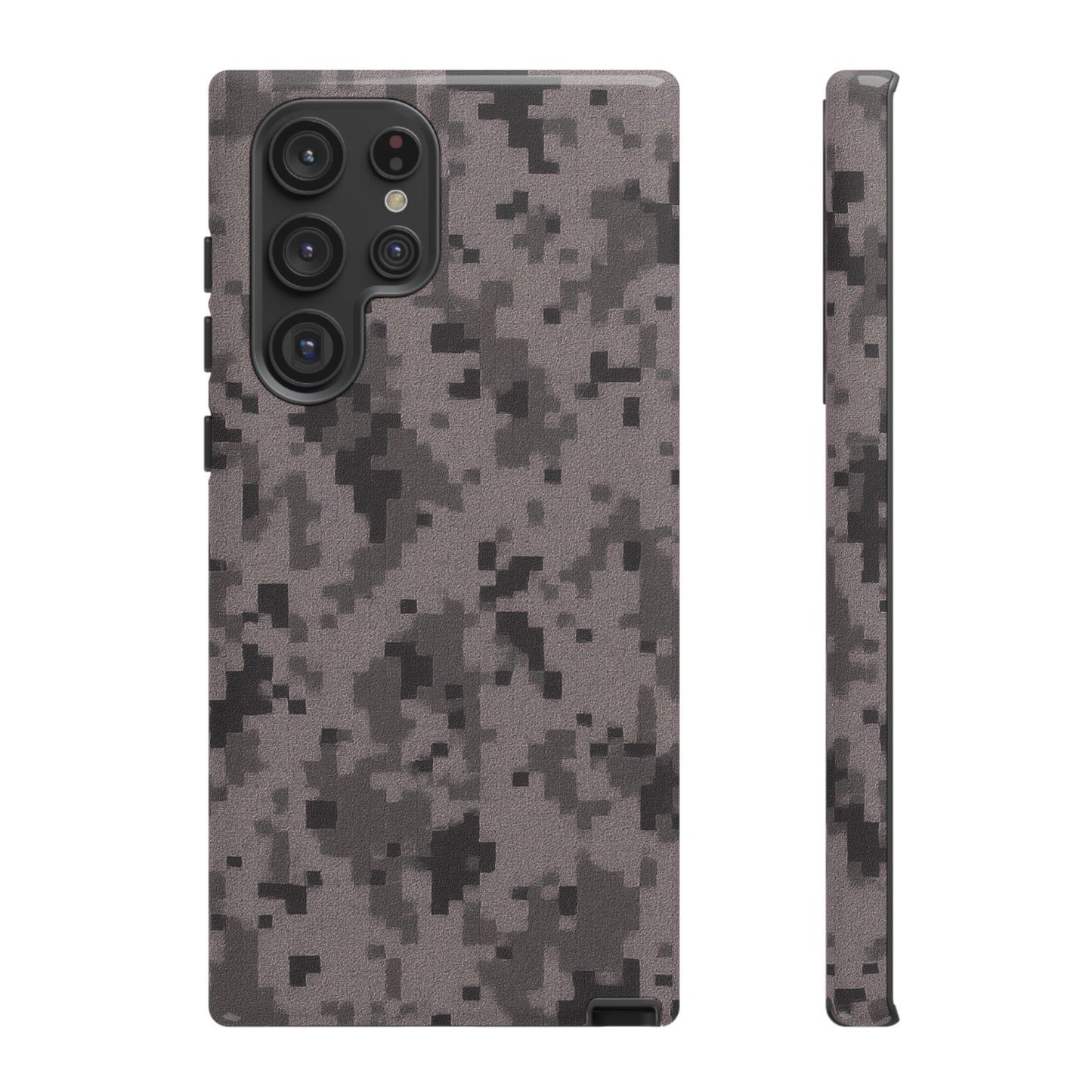Gray digital camouflage phone case by Printify, rugged protective cover for smartphones with a tough, camo design.