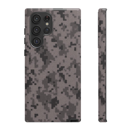 Gray digital camouflage phone case by Printify, rugged protective cover for smartphones with a tough, camo design.