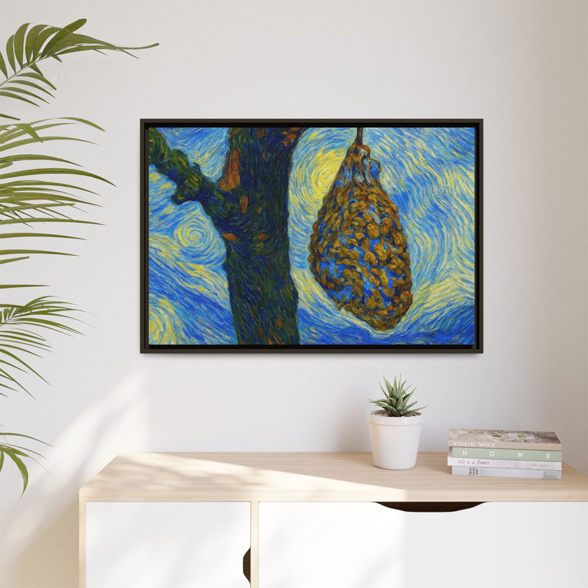 Framed matte canvas art titled "Starry Nut Cluster" featuring dried plum in a tree, showcasing detailed botanical artwork.