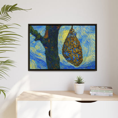Framed matte canvas art titled "Starry Nut Cluster" featuring dried plum in a tree, showcasing detailed botanical artwork.