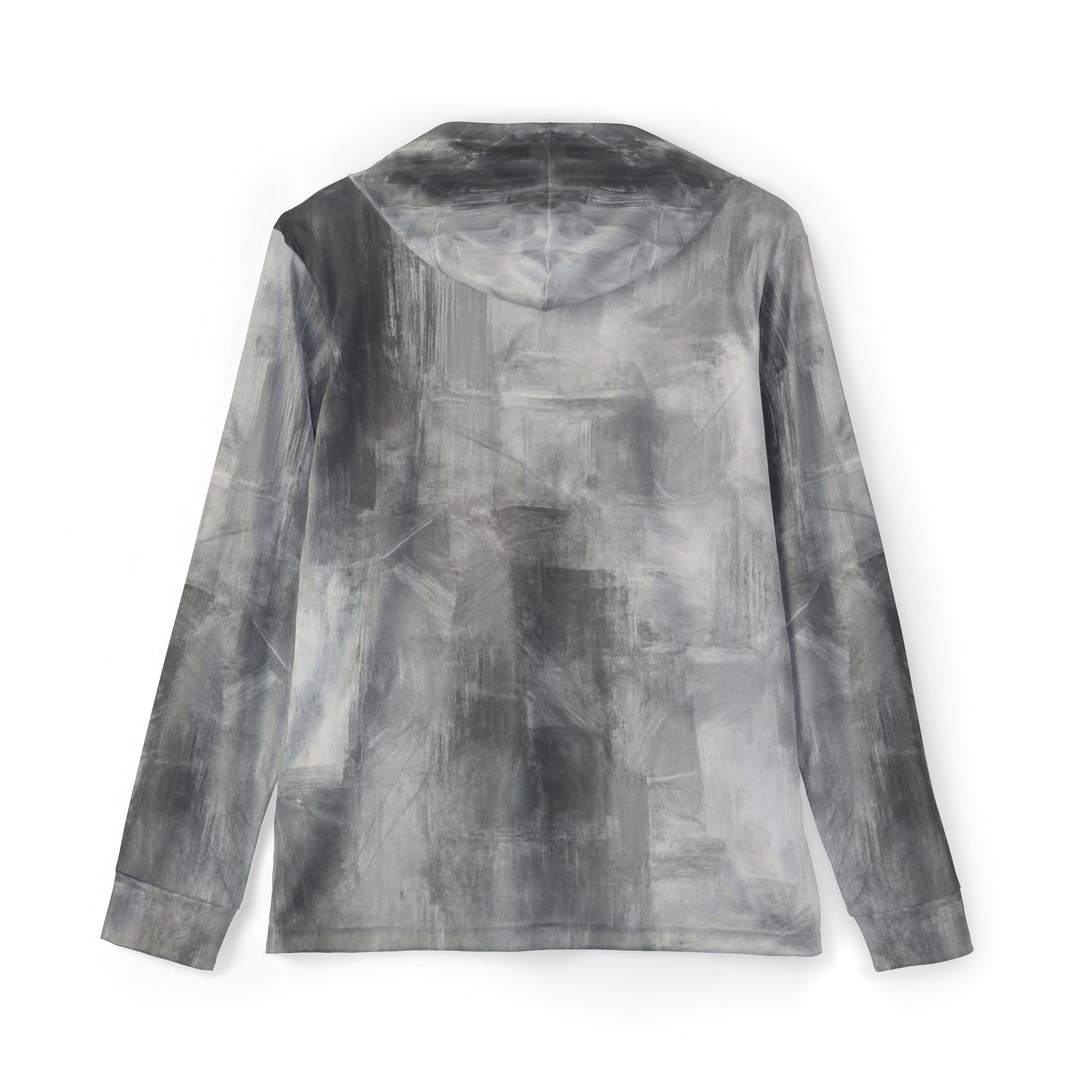 Men's gray athletic warmup hoodie with all-over print, stylish gym pullover designed for active wear by Printify.